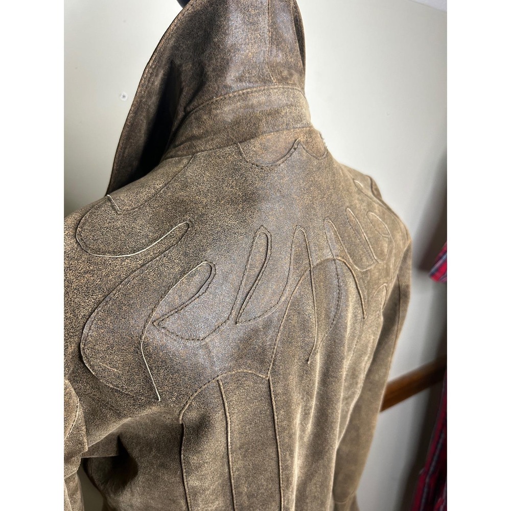 Vintage Leather Jacket Womens M Brown Distressed Flame Embroidery Western Good - Picture 8 of 17
